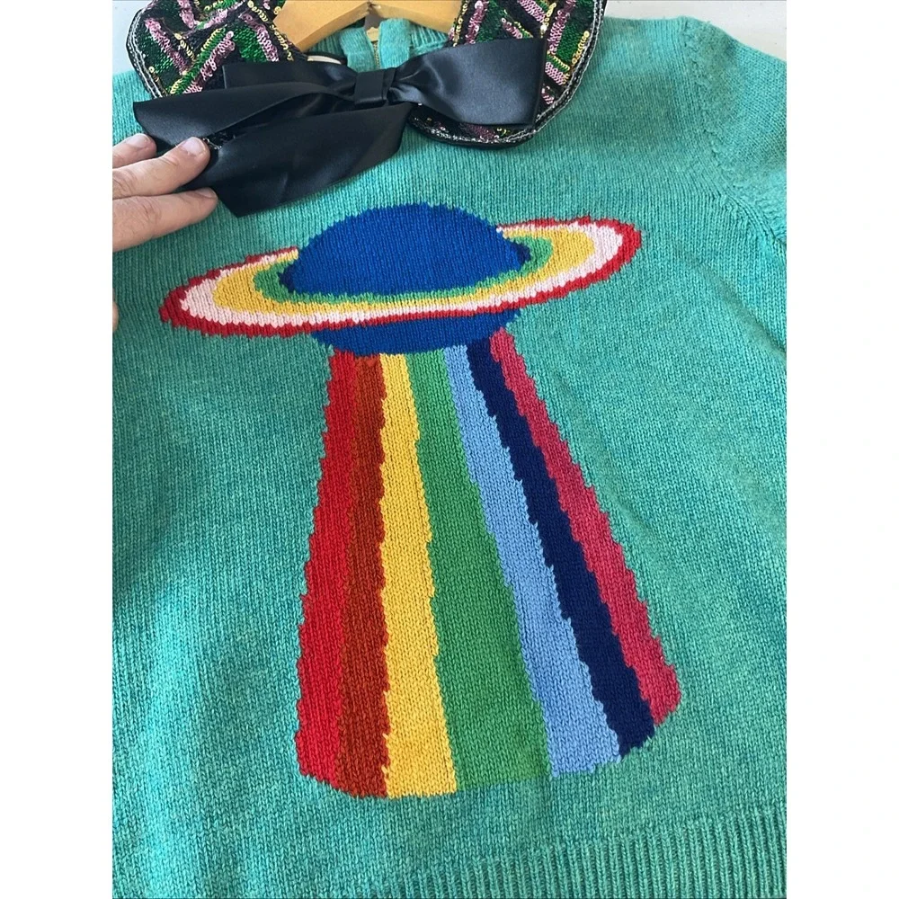 Gucci‎ Wool Sequin Collar Bow UFO Green Womens Sweater Sz S Super Rare Gorgeous - Picture 4 of 12
